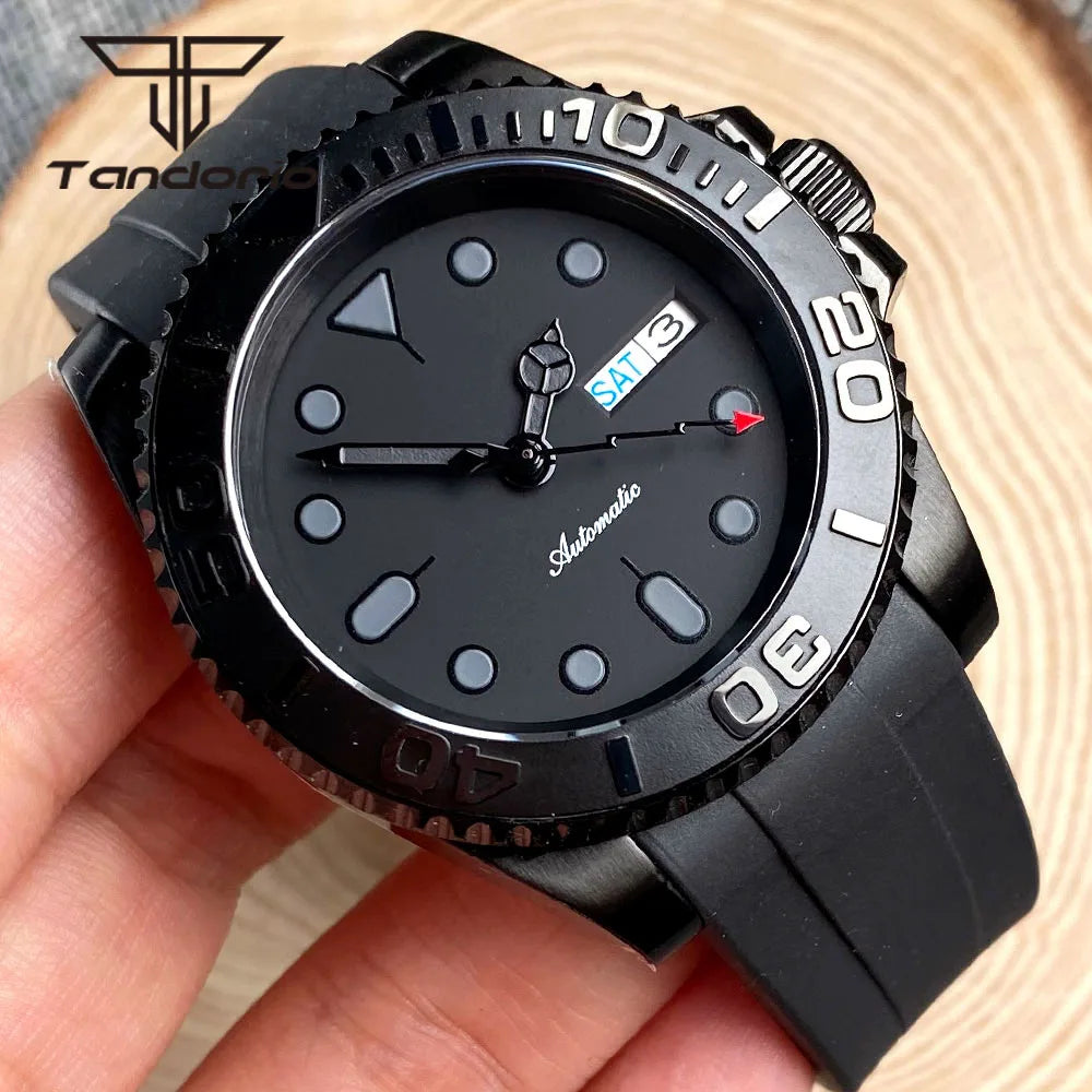 Tandorio Black Pvd Case Dress NH36A 40mm Automatic Watch for Men Rubber Strap Week Date Display Ceramic Rotating Bezel Sapphire