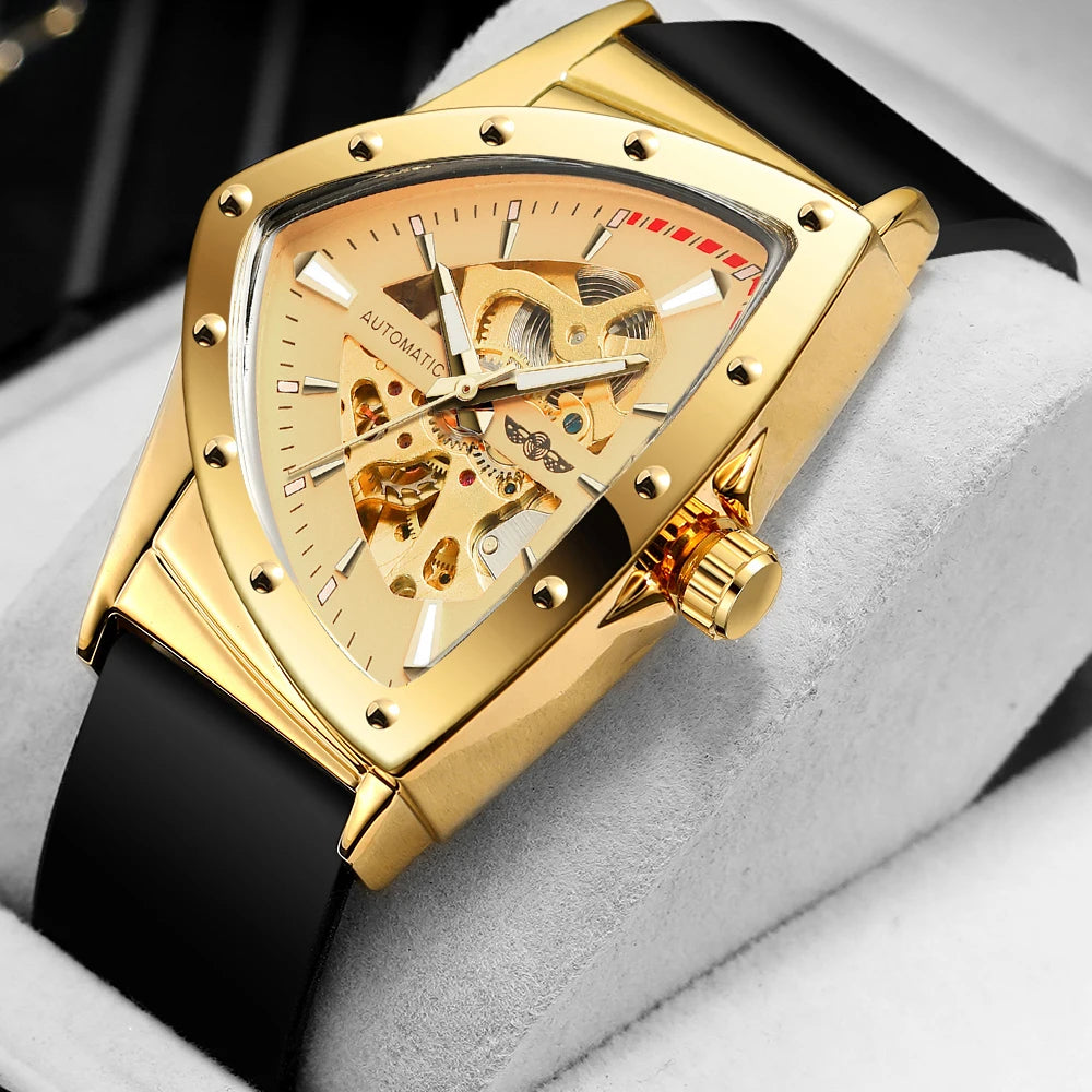 T-Winner High Range Men's Automatic Mechanica Watches Luminous Luxury Tourbillon Gold Wristwatch Rubber Strap Triangle Skeleton