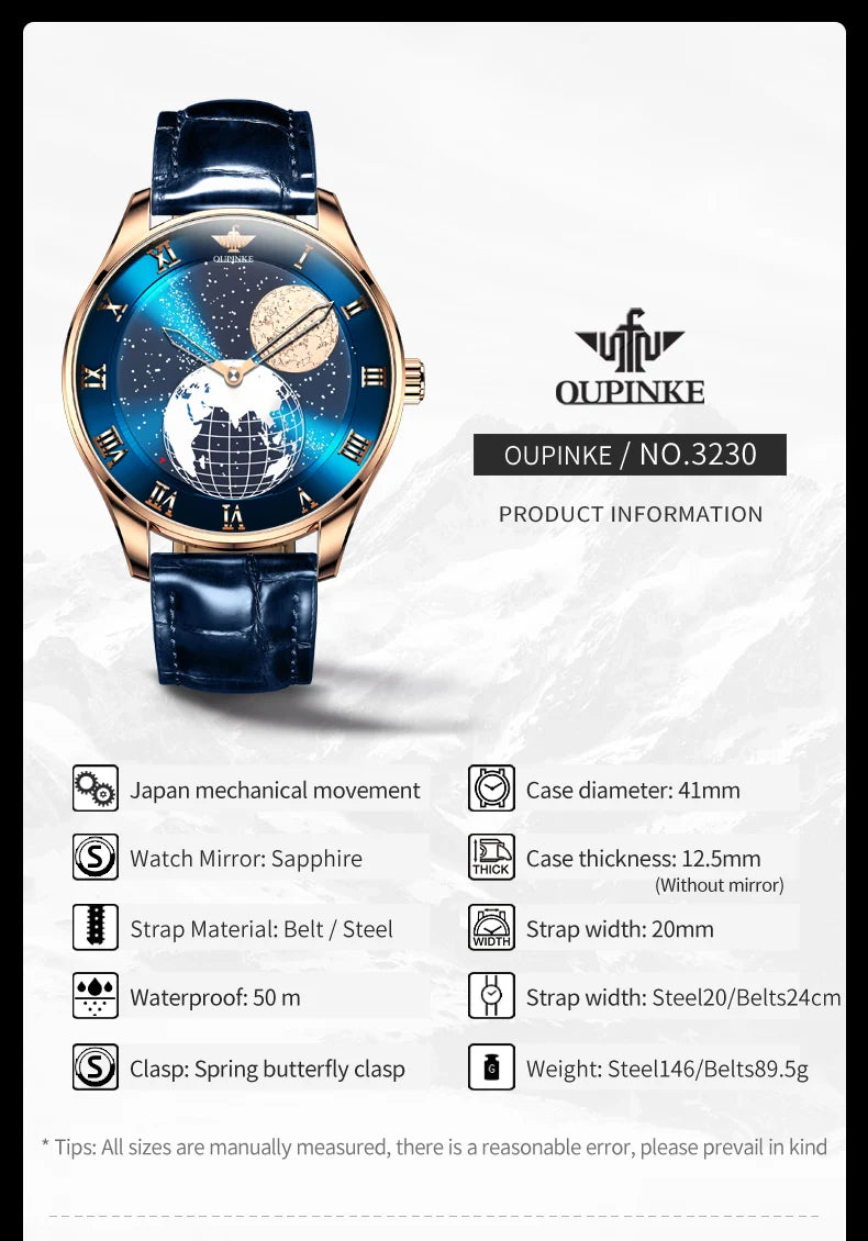 OUPINKE Moon Phase Watch for Men 3D Earth Starry Star Rotating Dial Automatic Mechanical Watches Luxury Brand Men's Moonswatch