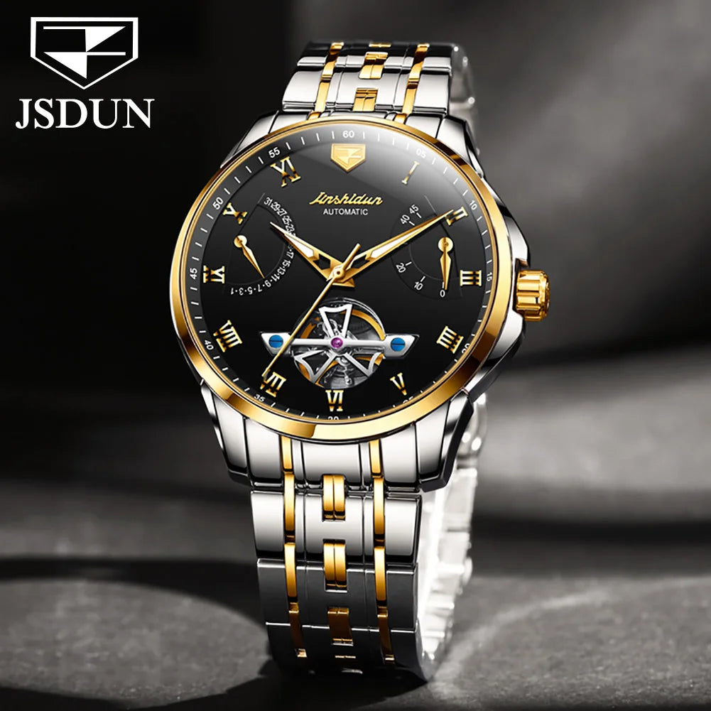JSDUN Top Brand Fashion Skeleton Multifunction Watches for Men Stainless Steel Waterproof Luxury Automatic Mechanical Man Watch