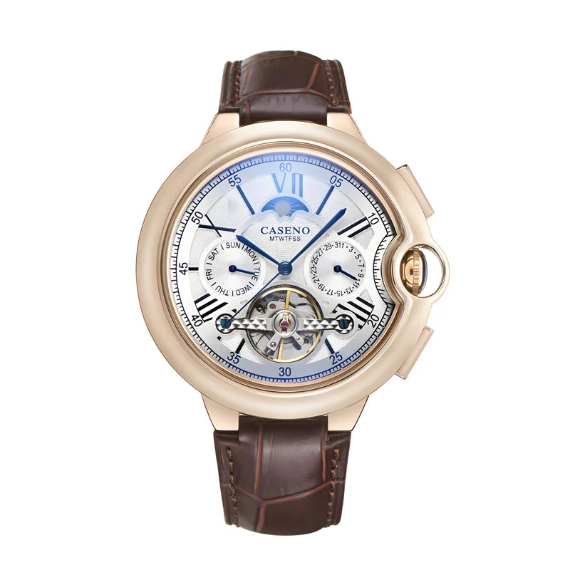 Men Watches Luxury Moon Phase Automatic Mechanical Watch Week Date Tourbillon Clock Leather Strap Waterproof Military Watch Men