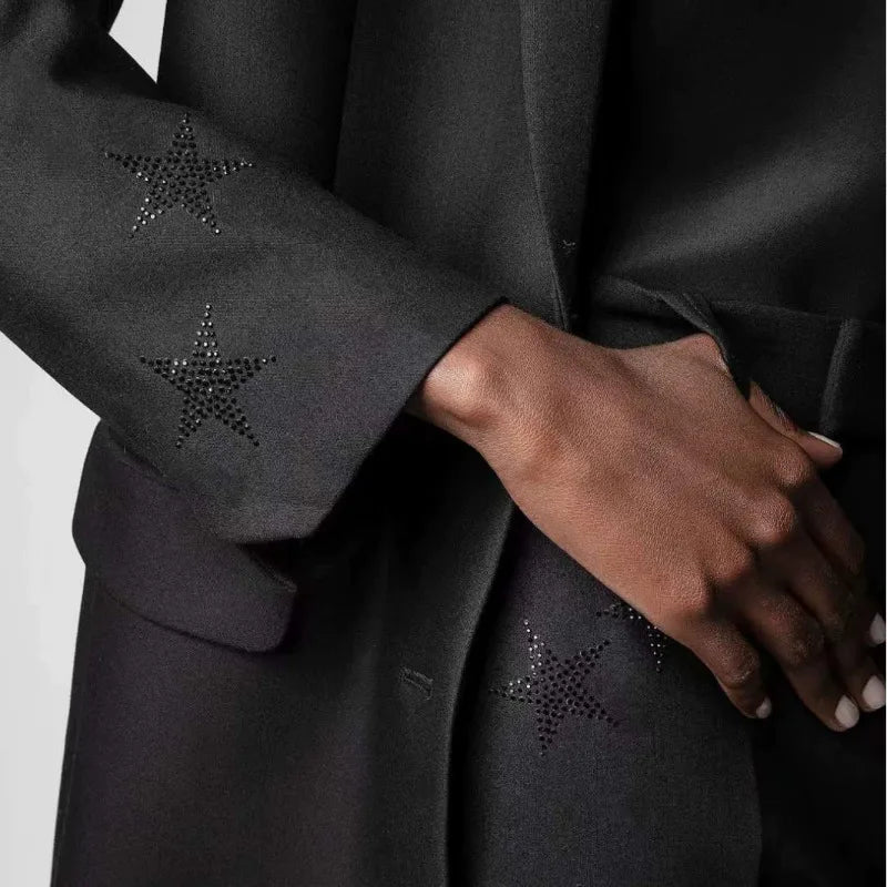 crystal-embellished blazer women peak lapels long sleeves two side flap pockets high fashion autumn winter blazers female
