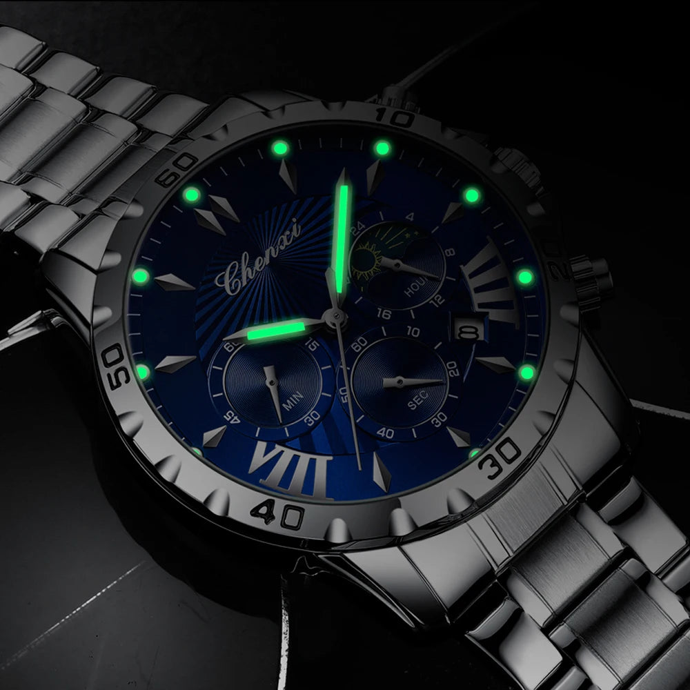 Multi-Function Chronograph Watch - Luminous Waterproof Steel Strap Quartz