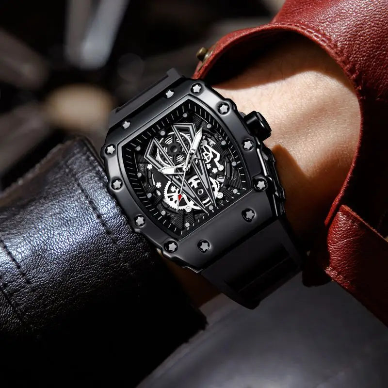 Skeleton Men's Watch Fashion Automatic Movement Barrel Luminous Waterproof Clock Sports Male's Silicone Strap Quartz Wristwatch