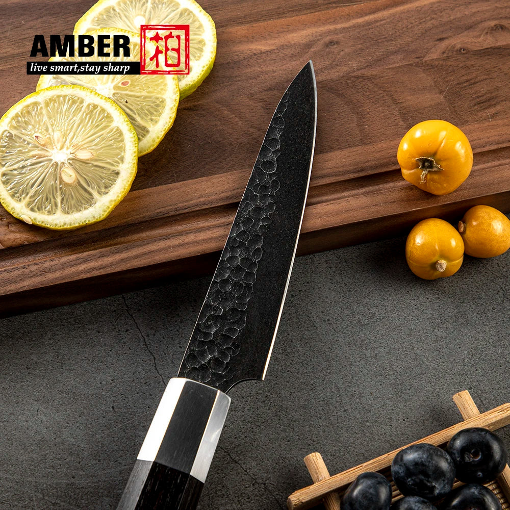 Amber Top Quality 440C high carbon steel black finish kitchen knife set with stablized wood