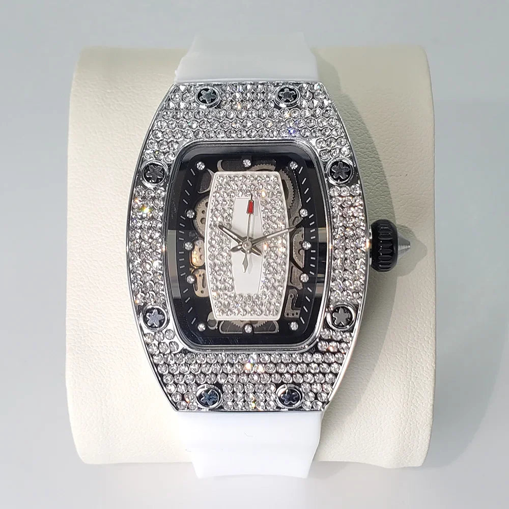 Fashion Rose Iced Watches Women Casual Silicone Strap Quartz Dress Full Diamond AAA Tonnneau Watch For Ladies Dropshipping
