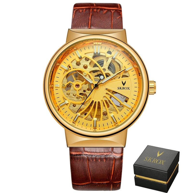 SKROX Vintage Skeleton Man Watch Thin Mechanical Luminous Male Wrist Watches Original Top Brand Luxury Clockwork reloj hombre
