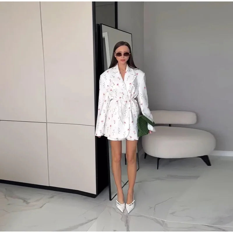 Fashion Printed Women's Blazer Coat Loose Lapel Long Sleeve Lace Up One Button Jacket Female 2025 Spring All-match Streetwear