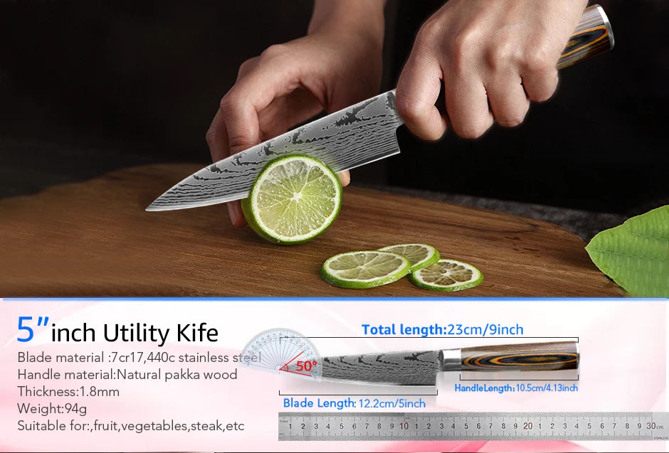 Kitchen Knife Set Chef Knives Japanese 7CR17 440C High Carbon Stainless Steel Imitation Damascus Sanding Laser Knife