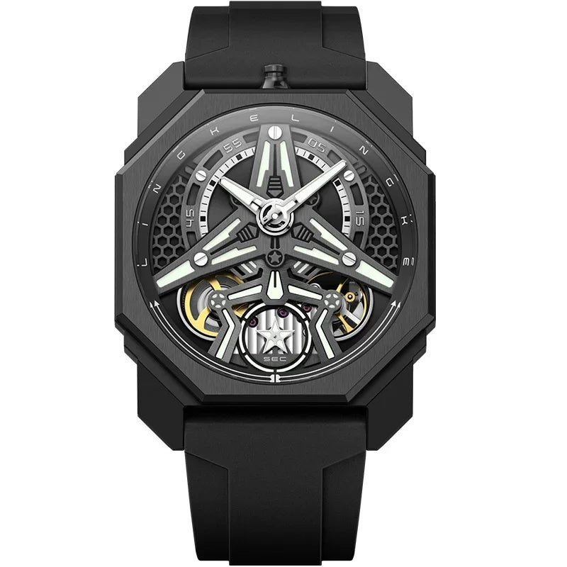 Skeleton Automatic Mechanical Watch Black Silicone Strap Men Clock Male Orologio Man Sliver Steampunk Hombre Relogio Masculino