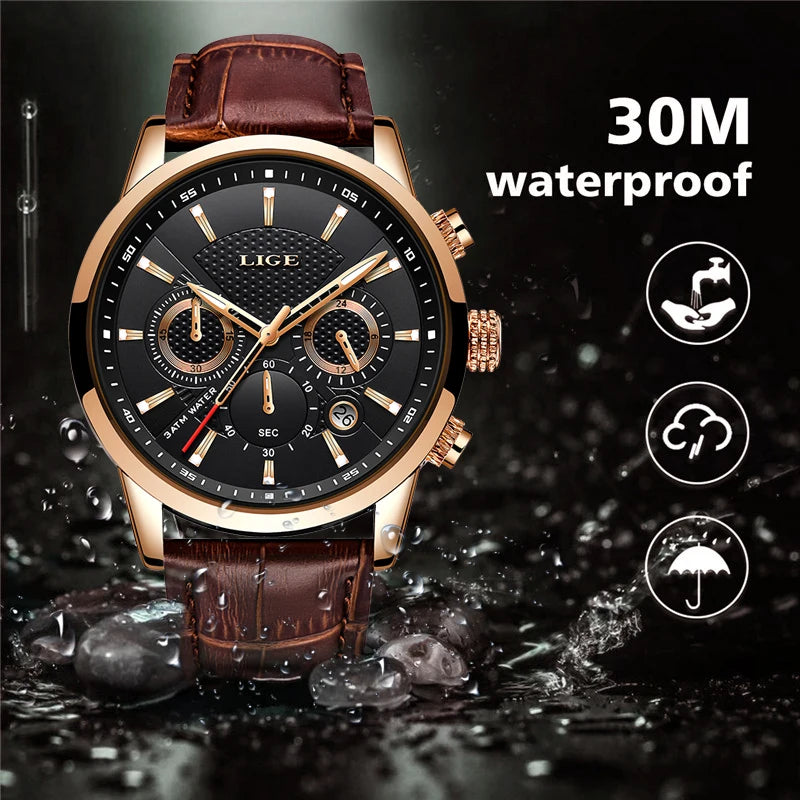 2025 LIGE Top Brand Luxury Casual Leather Quartz Men Watch Man Business Clock Male Sport Waterproof Date Chronograph Men Watches