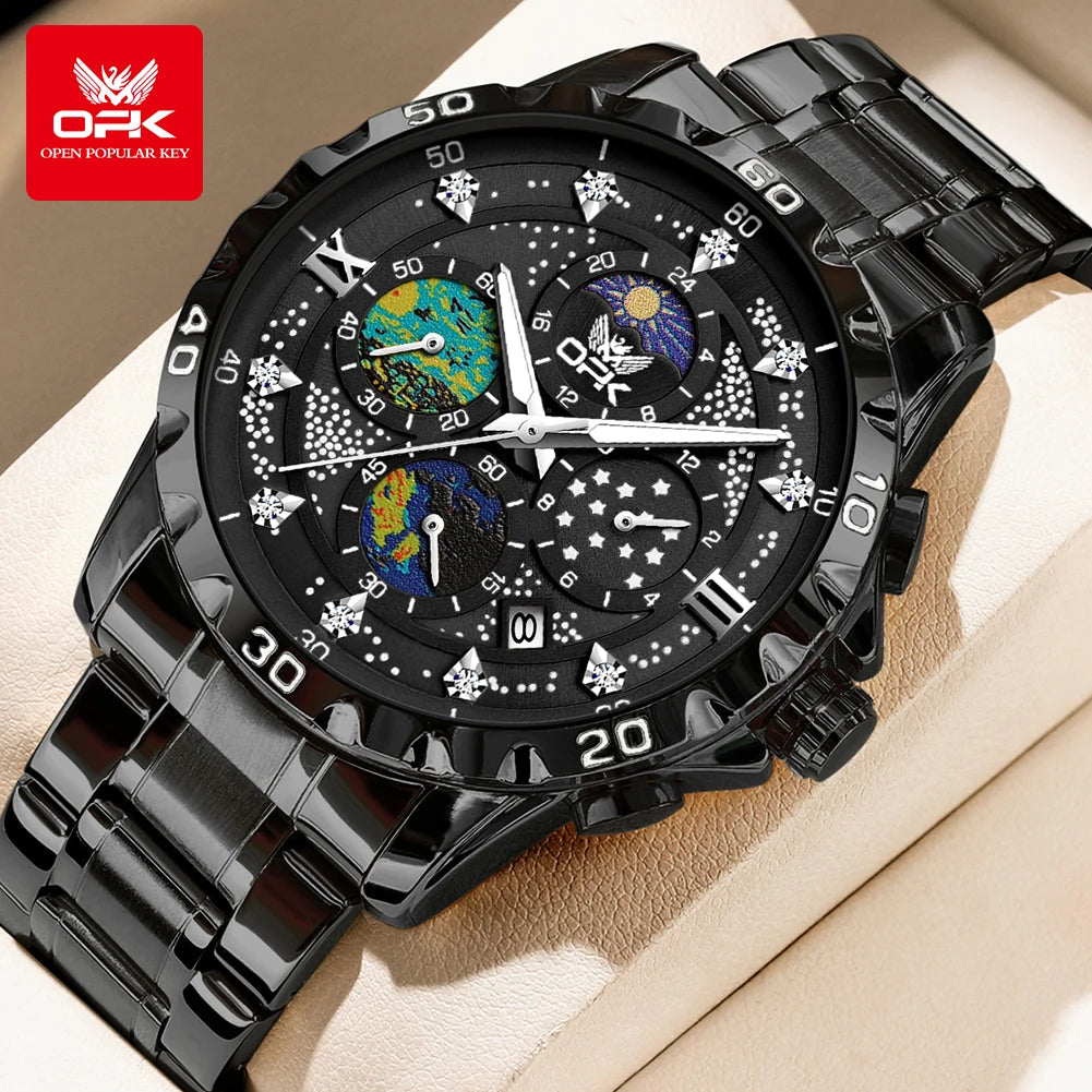OPK Moon Phase Men's Watches Multi-function Timing code Luminous Waterproof Watch for Man