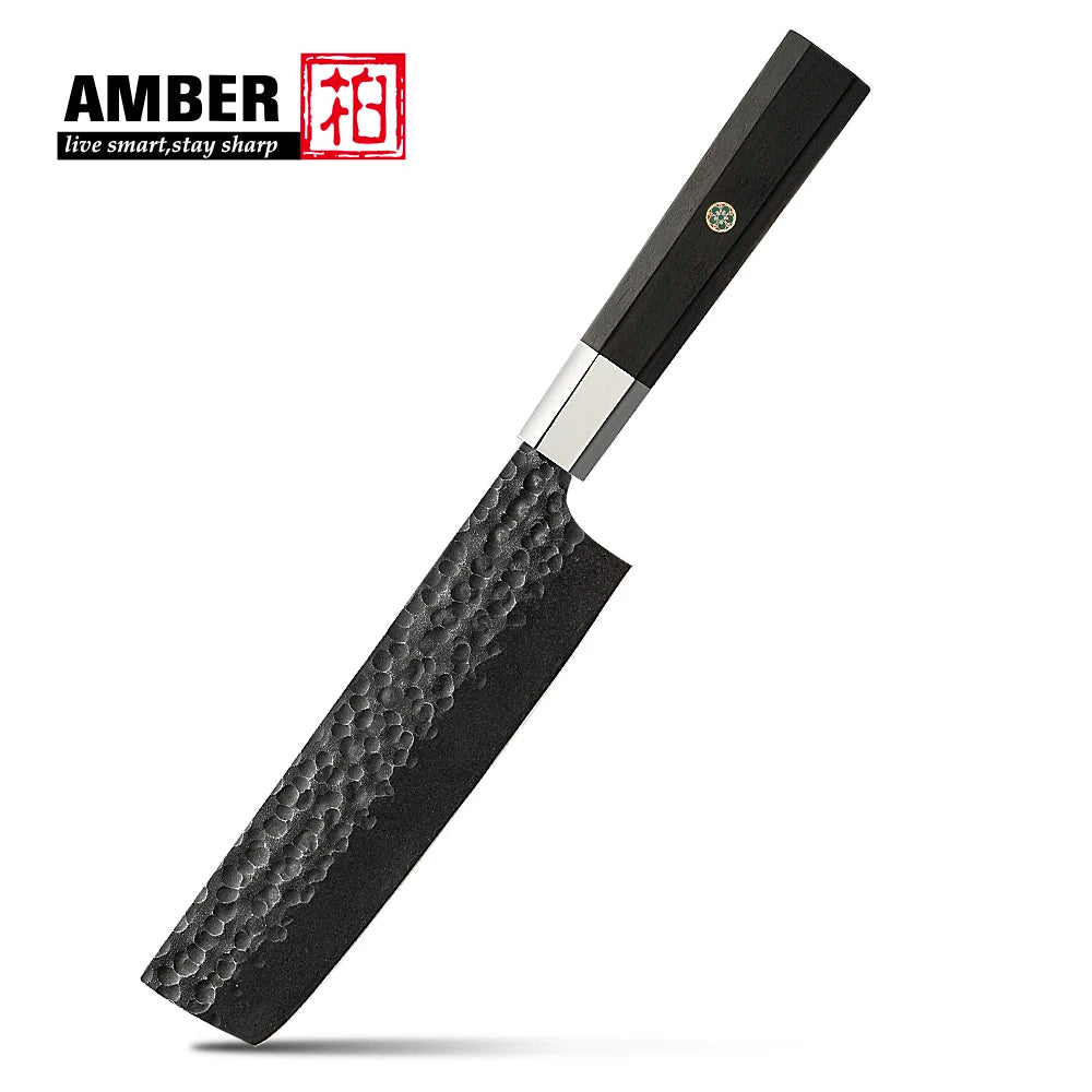 Amber Top Quality 440C high carbon steel black finish kitchen knife set with stablized wood