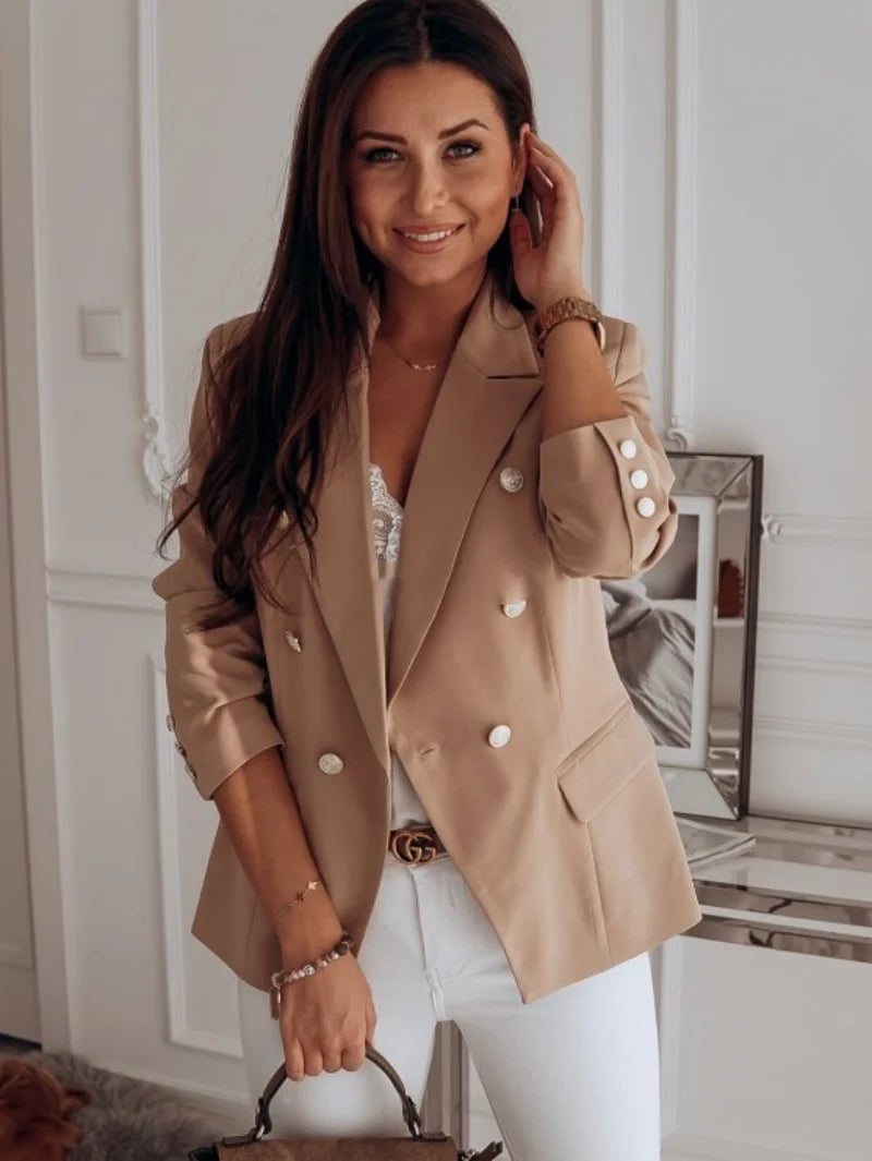 Women Stylish Plus Size Jacket Casual Blazers Jacket Suit Coat Double-breasted Blazer Sliming Overalls Pocket Cardigan Coat