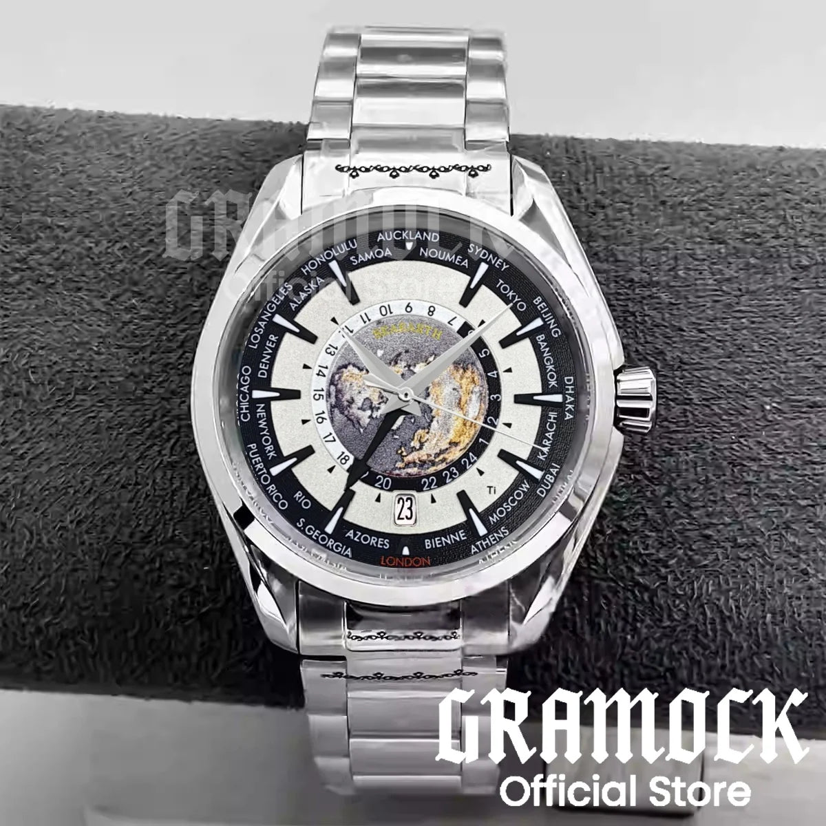 Gramock 40mm World Time GMT Zone Map Men's 6 o'clock Date Automatic Watch NH34A Mechanical Diving Wristwatch Steel/Rubber Strap