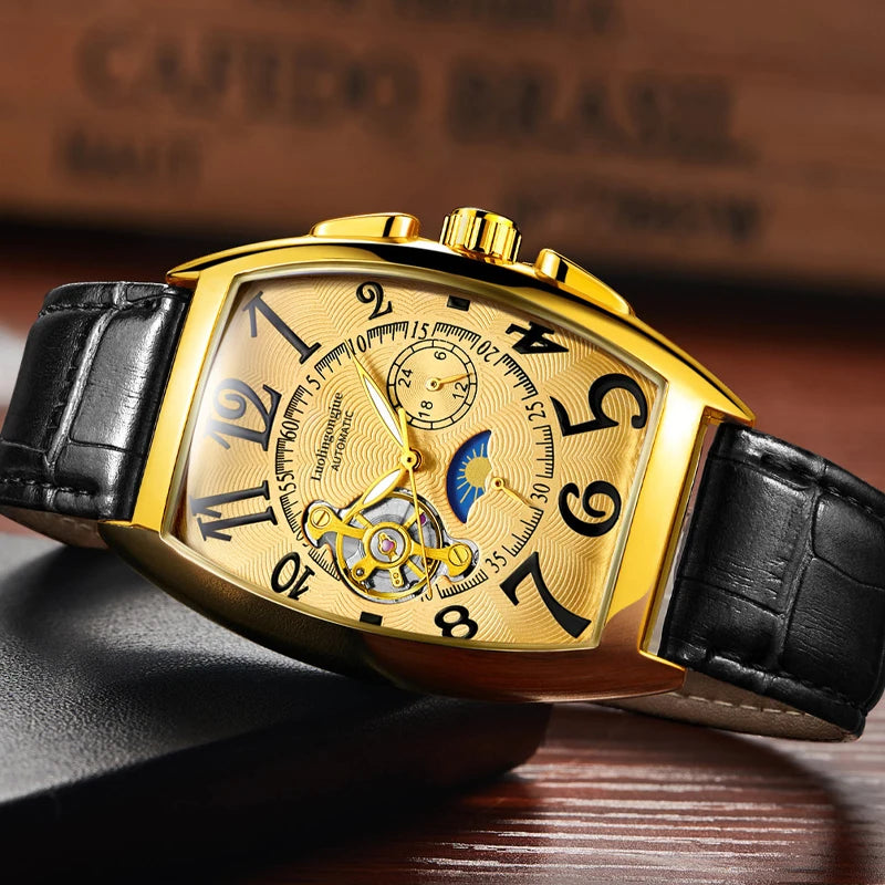 Tourbillon Fully Automatic Hollow Mechanical Watch Men's Large Dial Barrel-Shaped Student Business Watch Fashion Trendy K-Style, Back-Penetrating Movement, Curved Mirror High-End Men's Watch, European Popular Men's Gift Watch