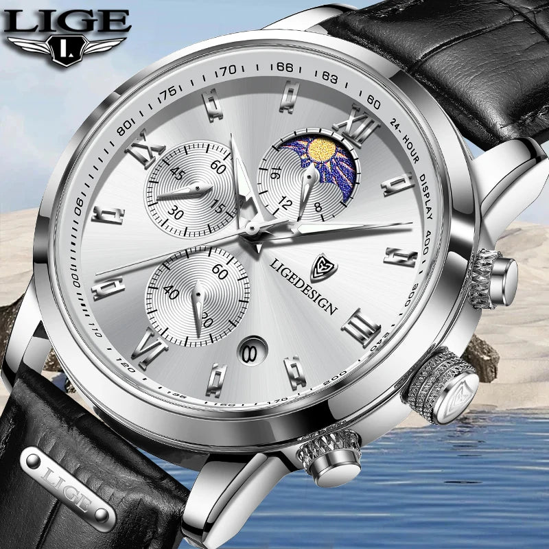 LIGE New 24 hour Moon Phase Watch Men Fashion Army Military Quartz Men Watch Leather Waterproof Sports Chronograph Reloj Hombre