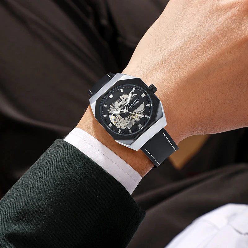 Men automatic watch skeleton waterproof mechanical watches sport outdoors fashion leather mens watch gift For your choice
