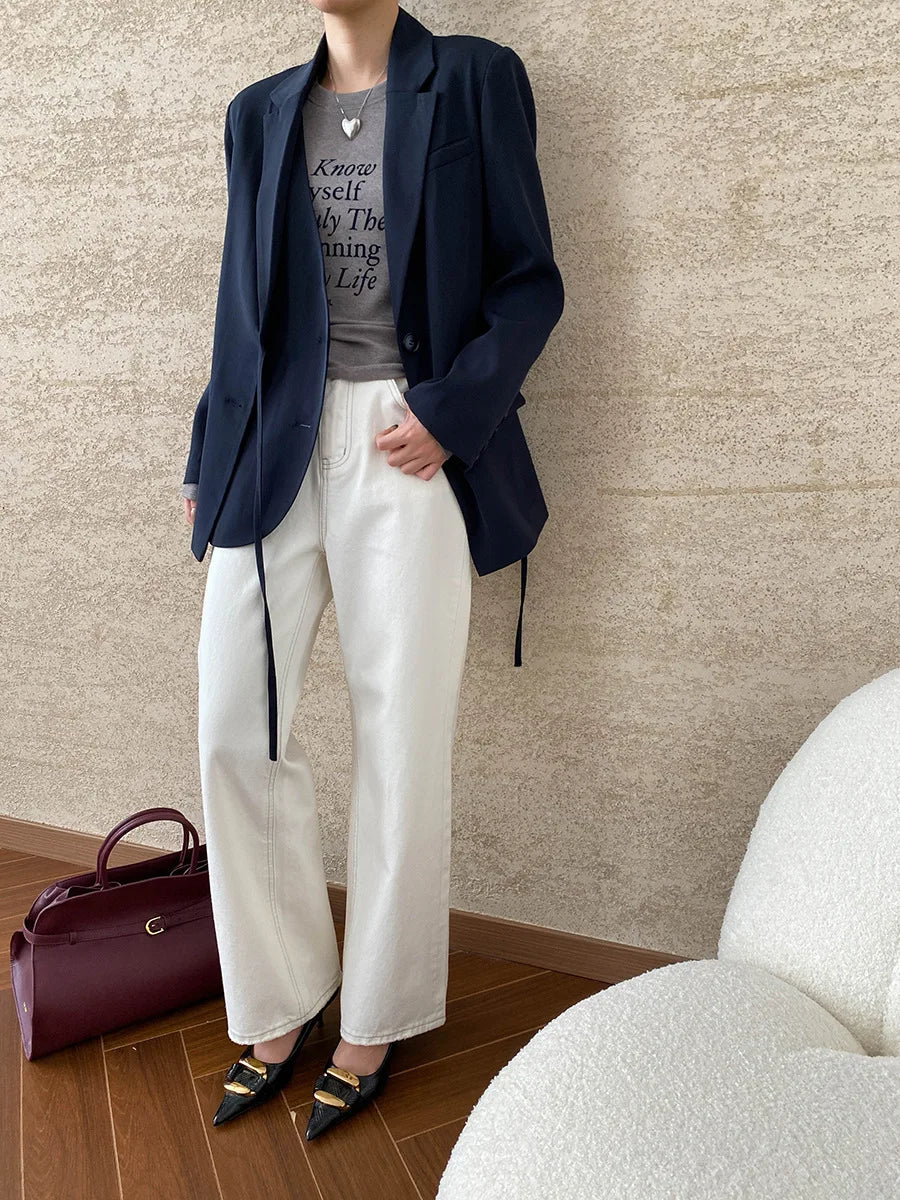 [LANMREM] Designer Asymmetric Spliced Design Lace-up Gathered Waist Blazers For Women Notched Fit Jackets 2025 Winter New 26C565