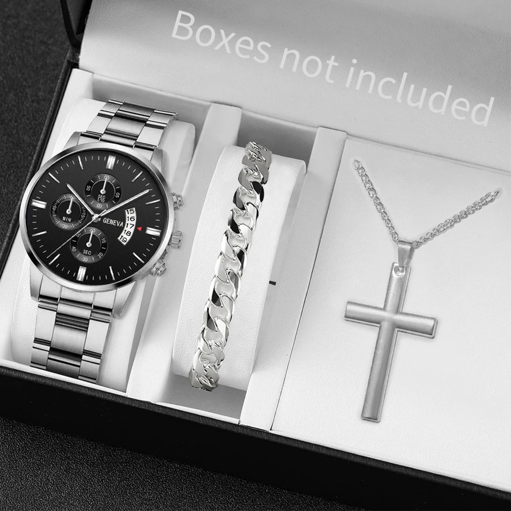 3PCS/Set Fashion Men's Stainless Steel Band Watch Casual Calendar Quartz Watch Jewelry Set（Without Box）