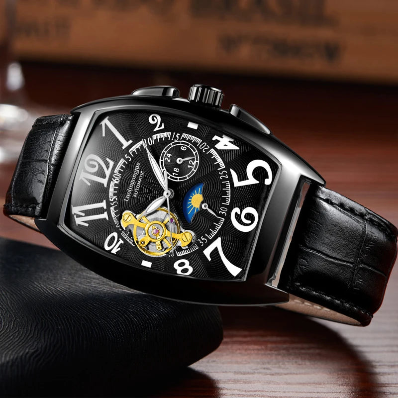 Tourbillon Fully Automatic Hollow Mechanical Watch Men's Large Dial Barrel-Shaped Student Business Watch Fashion Trendy K-Style, Back-Penetrating Movement, Curved Mirror High-End Men's Watch, European Popular Men's Gift Watch