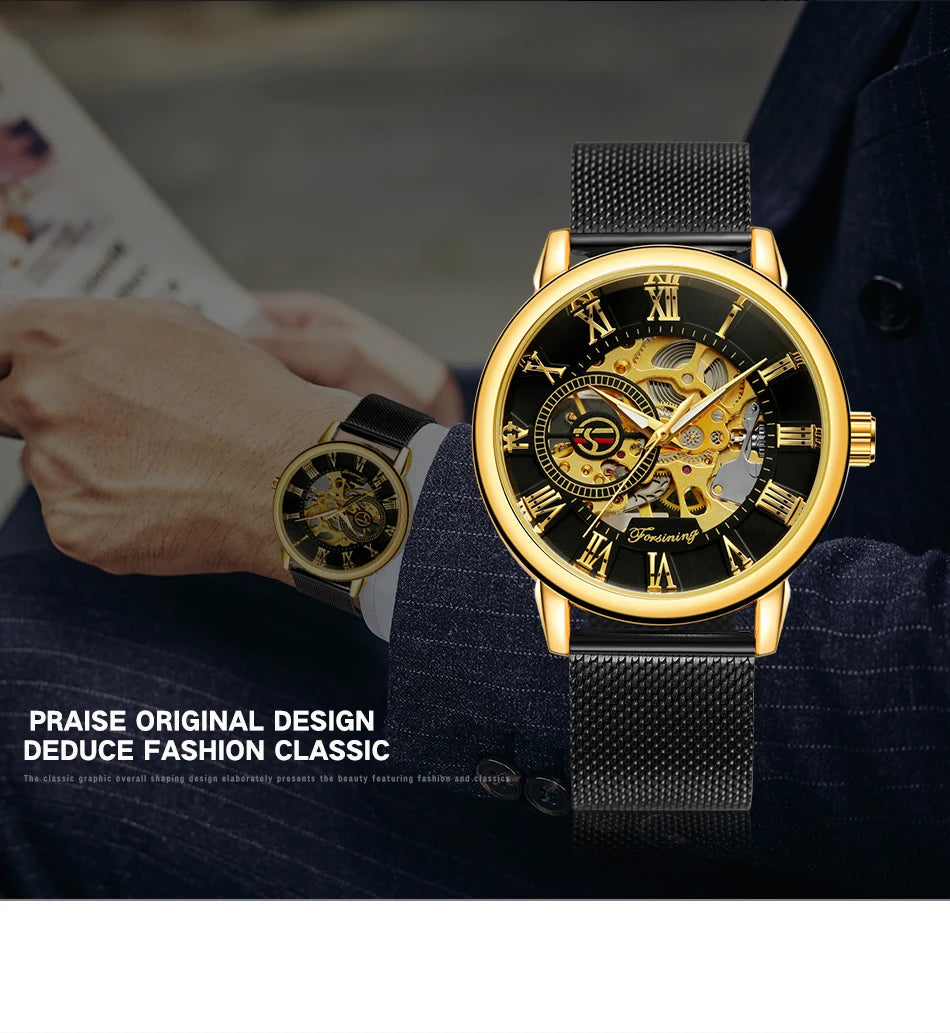 Classic Skeleton Mechanical Watch - Engraved Case with Mesh Strap & Roman Numerals