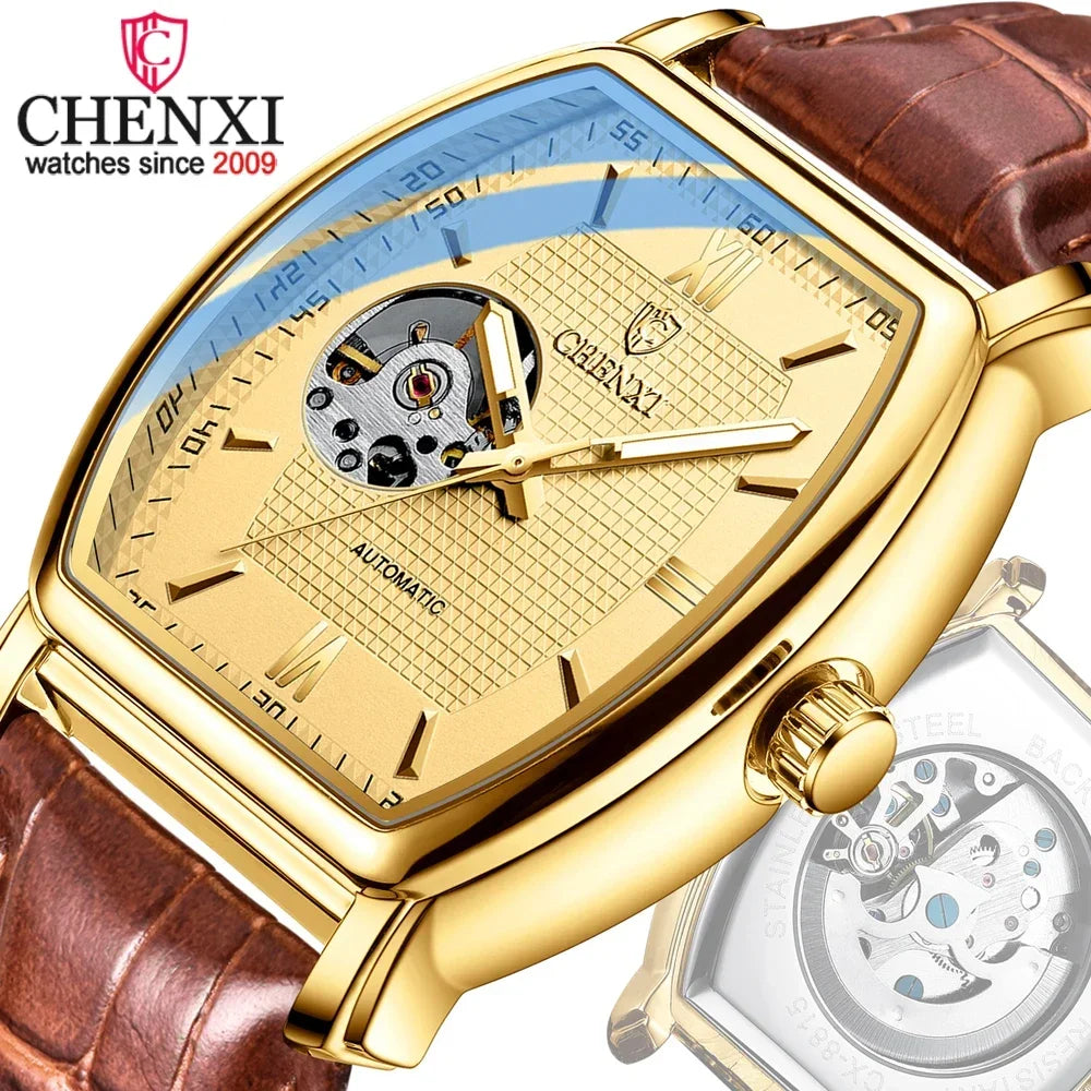 Tonneau Skeleton Automatic Watch - Barrel-Shaped Mechanical Timepiece for Men