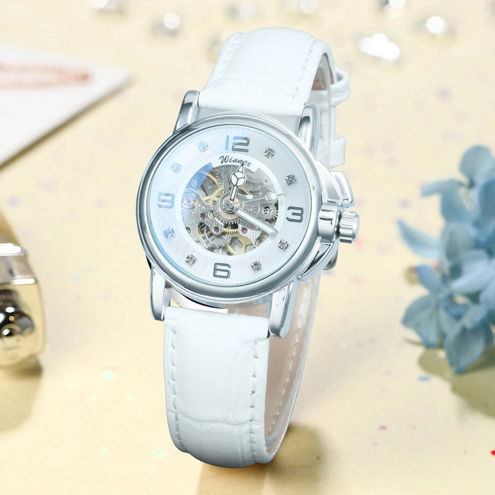 WINNER Fashion Skeleton Mechanical Watch for Women Luxury Rhinestones Dial Elegant Automatic Watches Leather Strap Luminous Hand