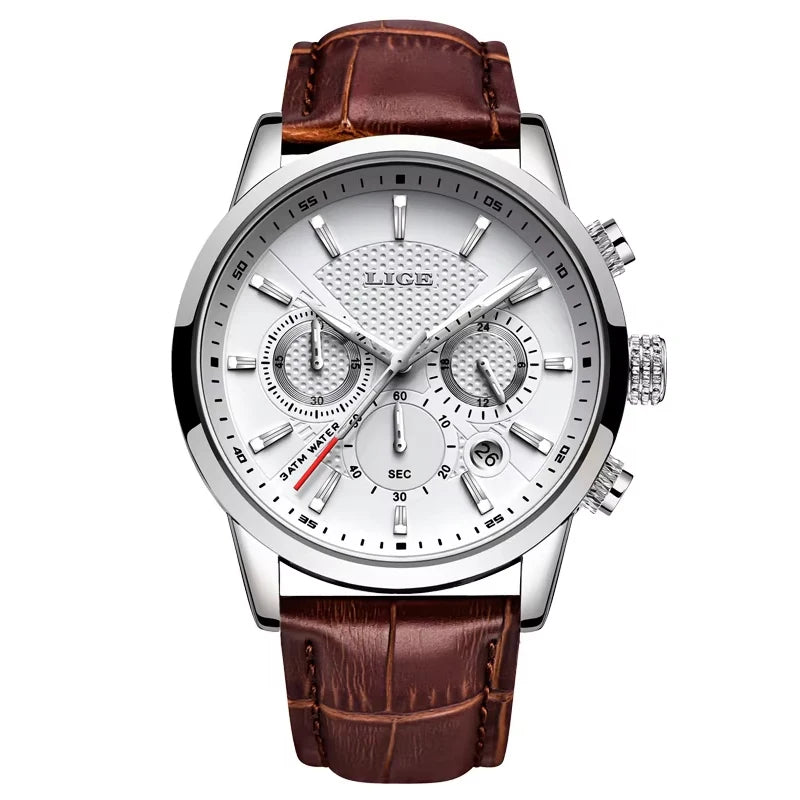 LIGE Mens Business Watches Luxury Waterproof Sport Man Watch Chronograph Genuine Leather Men Quartz Wristwatch Relogio Masculino