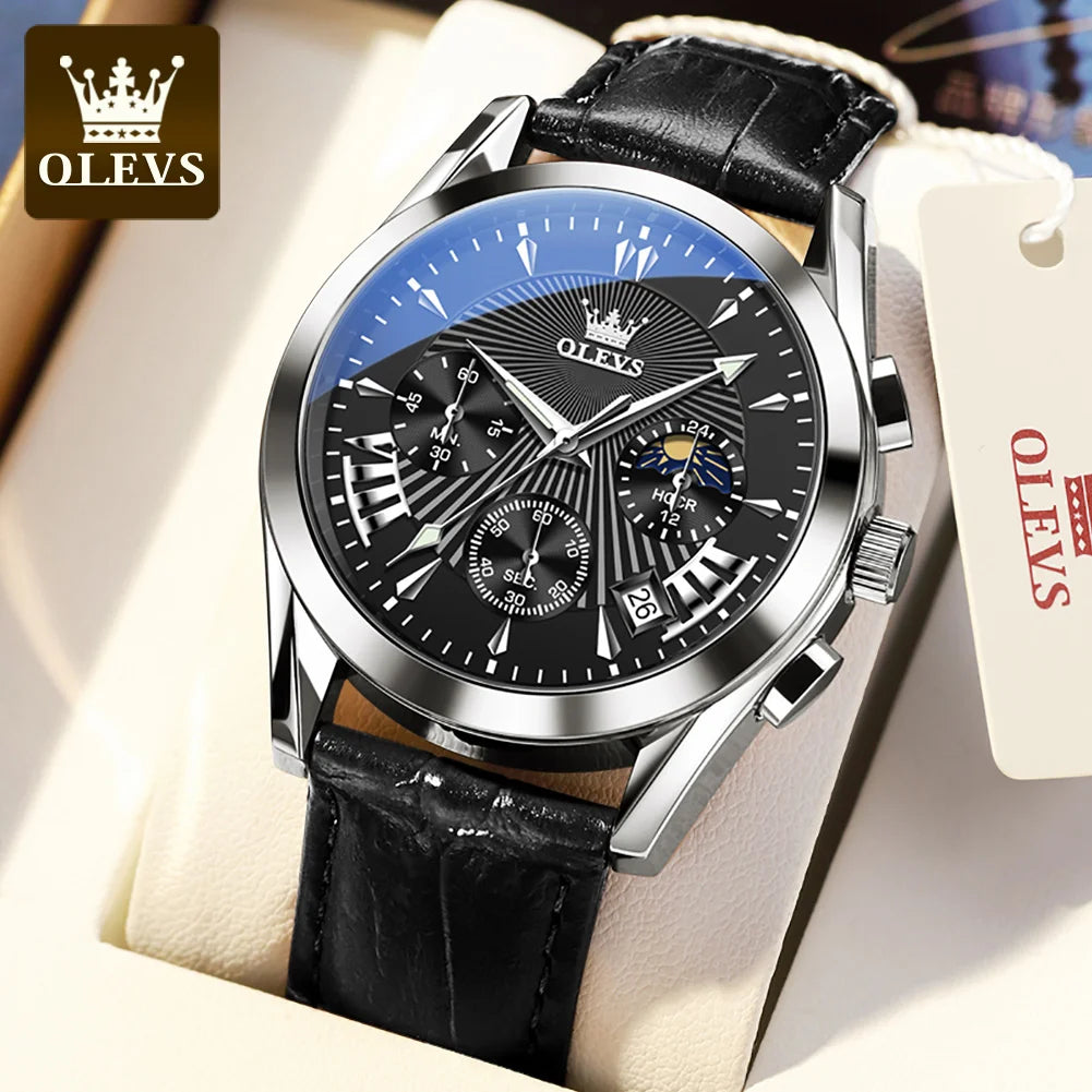 OLEVS 2876 Moon Phase Man Watch Original Genuine Leather Strap Quartz Watch for Men Auto Date Waterproof Luxury Men's Wristwatch