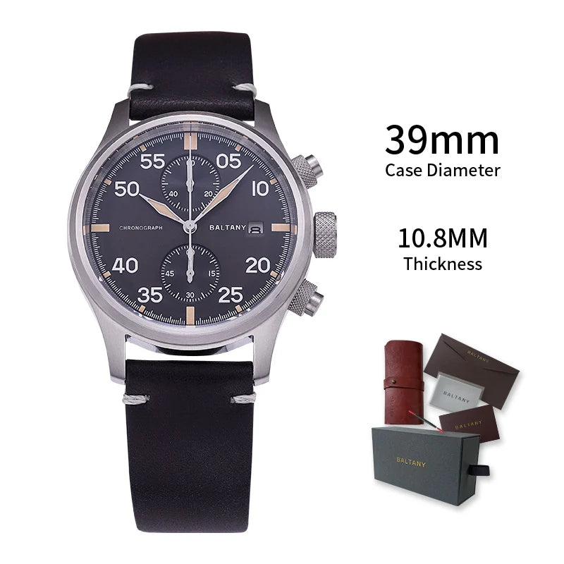 Baltany Solar Watch For Men S6070 10ATM Vintage Luminous Sapphire Crystal AR Coating Military Quartz Pilot Watches Chronograph