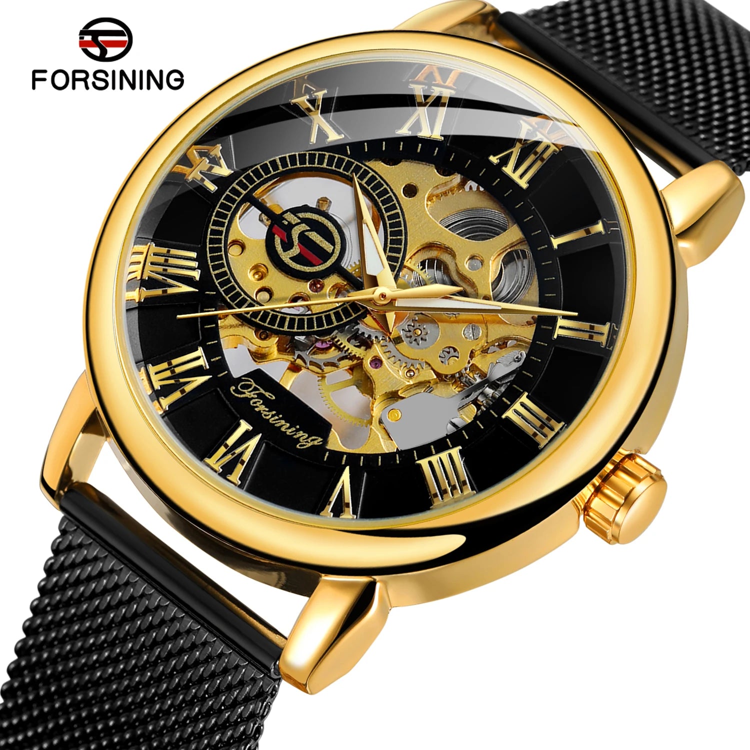 Classic Skeleton Mechanical Watch - Engraved Case with Mesh Strap & Roman Numerals