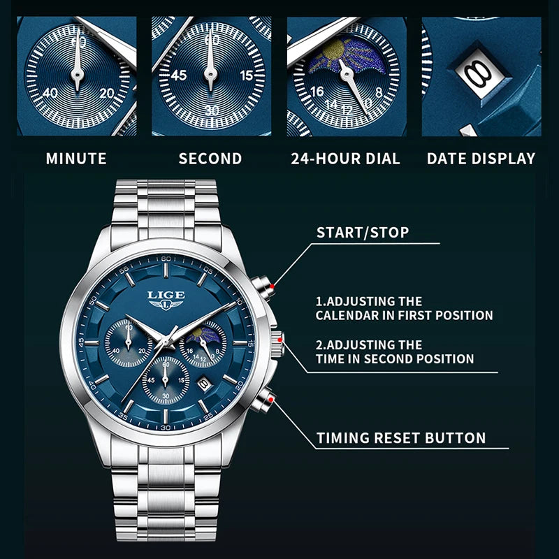 LIGE Prestige 2025 - Modern Luxury Steel Chronograph Watch