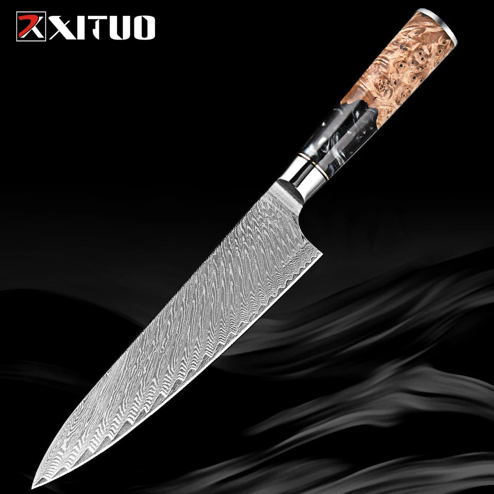 Damascus Steel Kitchen Knives 1-9PC Set XITUO Japanese chef knife Cleaver Bread Knife Resin and wooden Ergonomics handle Sharp
