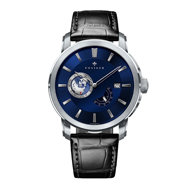Top Brand New Japanese Automatic Men Watch Rotating Earth Calendar Multifunction Watch Stainless Steel Waterproof Clock PONIGER