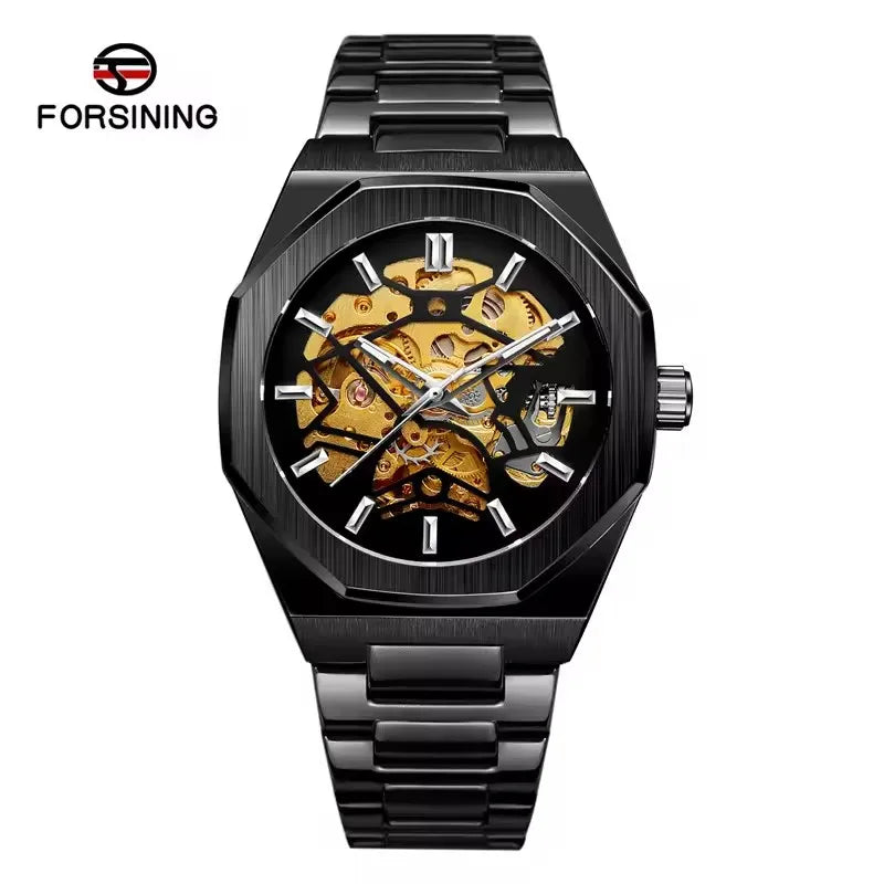 FORSINING 344D Men's Luxury Mechanical Watch - Fashion Skeleton Hollow Dial Steel Strap Business Luminous