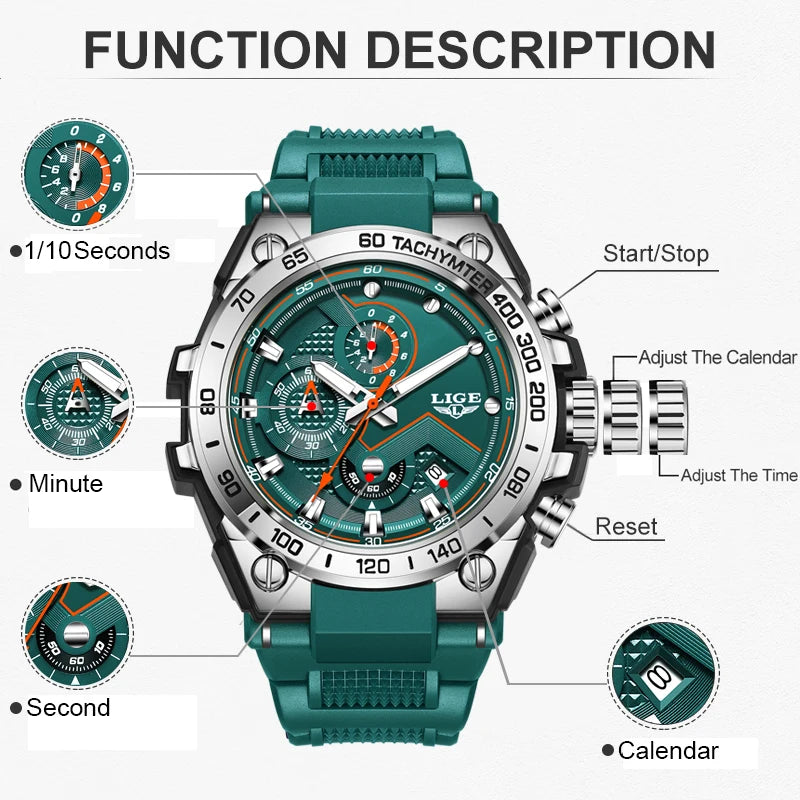 LIGE Tactical Green - Military Silicone Big Dial Sport Chronograph