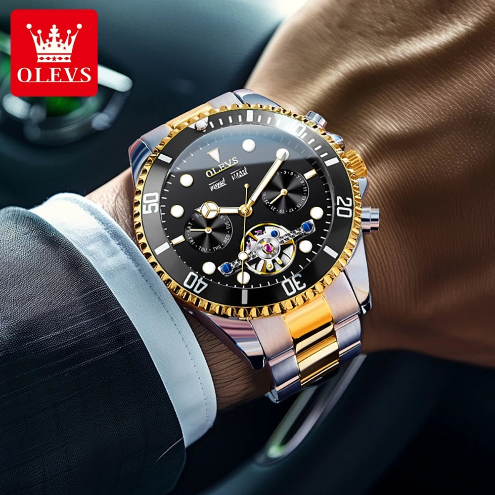 OLEVS 6605 Mens Watch Luxury Original Automatic Mechanical Watch Waterproof Luminous  PerpetualCalendar Day-Date Watch With Box