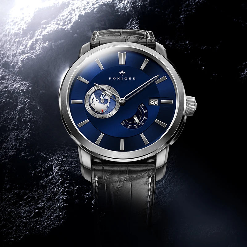 Top Brand New Japanese Automatic Men Watch Rotating Earth Calendar Multifunction Watch Stainless Steel Waterproof Clock PONIGER
