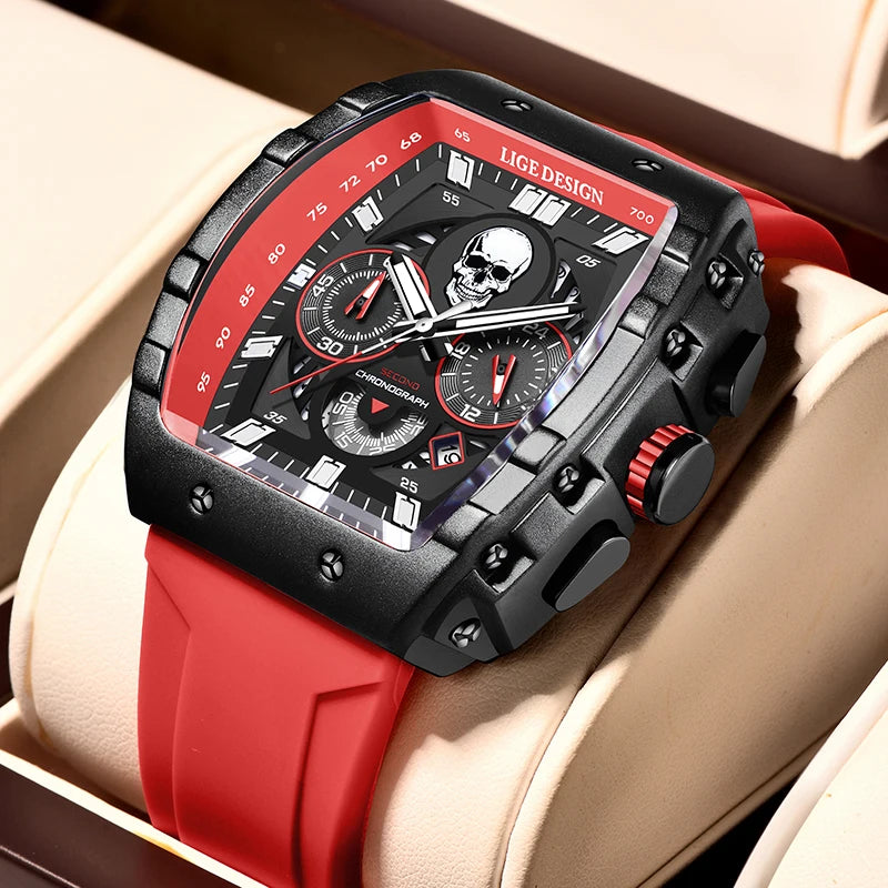 LIGE Brand Mens Watch Skeleton Skull Dial Sports Military Watches Men Fashion Luxury Waterproof Quartz Watch Chronograph Relogio
