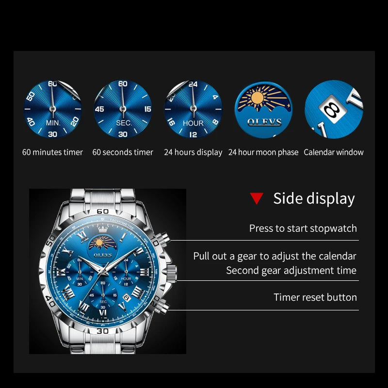 OLEVS 2950 Moon Phase Quartz Watch for Men Multi functional Roman Scale Original Hand Clock Chronograph Business Male Watches