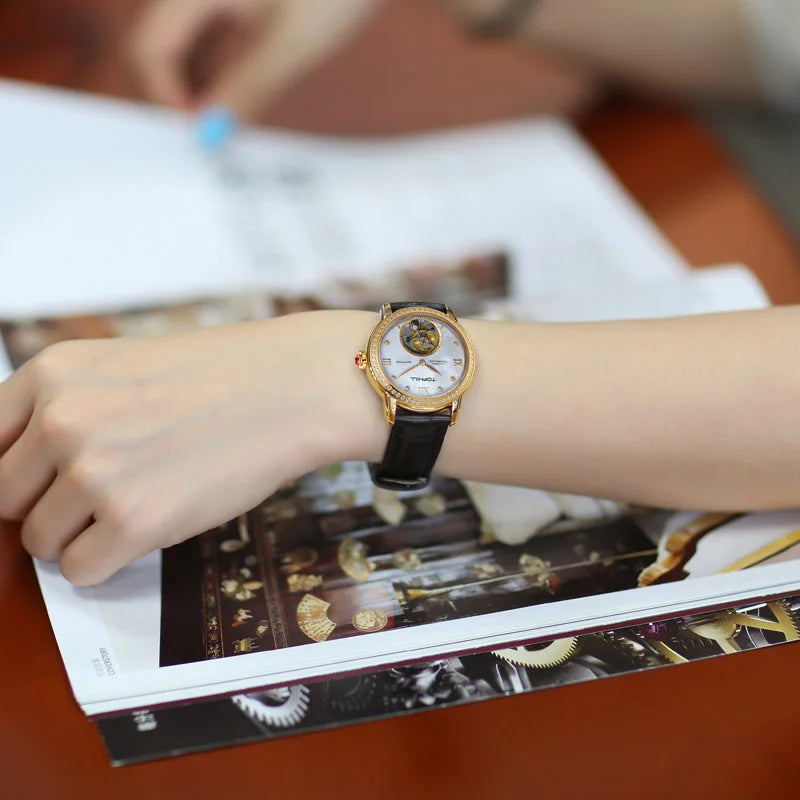 TOPHILL Luxury Automatic Tourbillon Watches 19Zuan Diamond Hollow Movement Mechanical Wristwatch Lady Sapphire Waterproof TU003L
