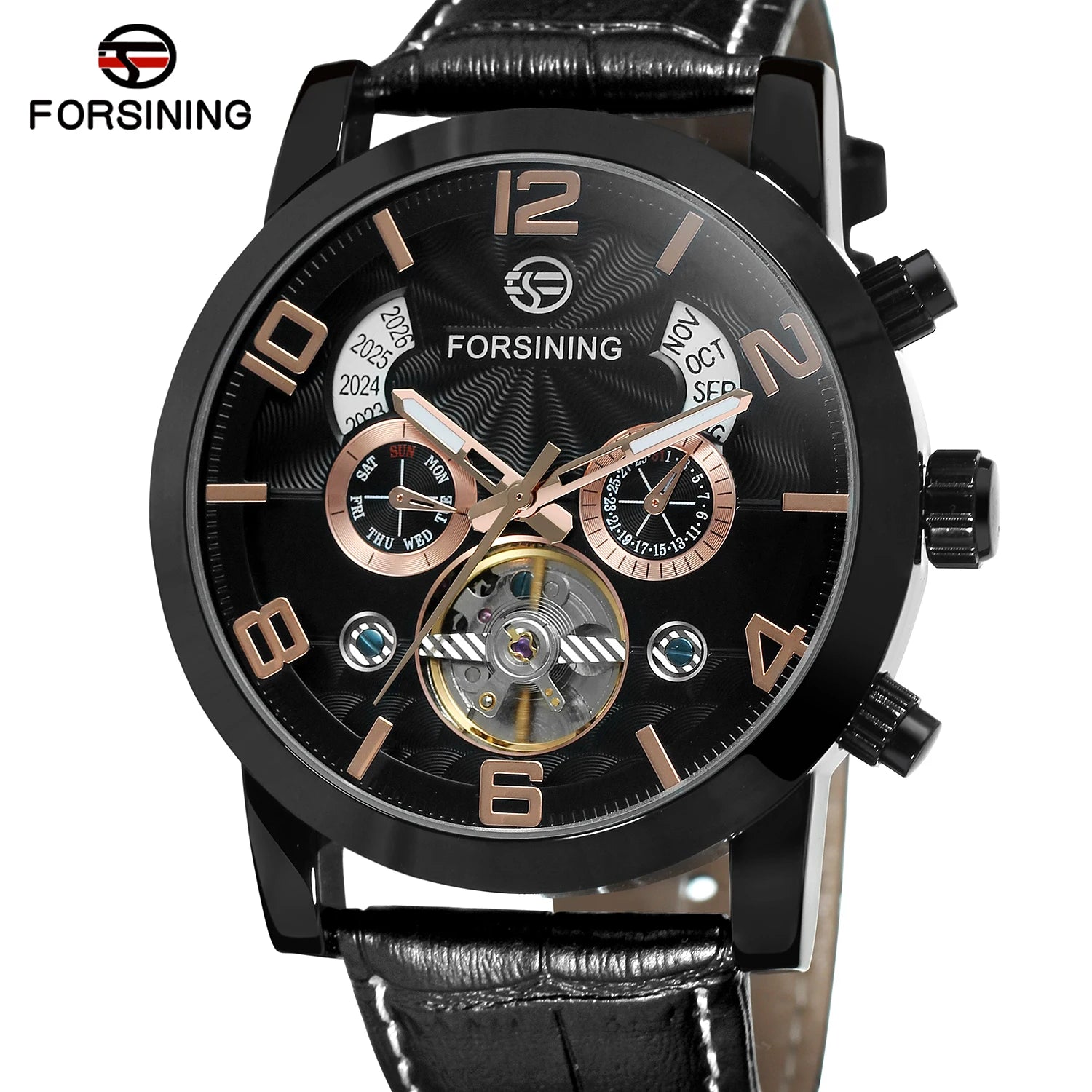 Forsining Fashion Mechanical Male Wristwatches Tourbillon Waterproof Leather Strap Regulator Watches With Perpetual Calendar