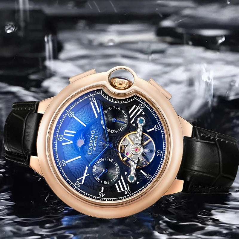 Men Watches Luxury Moon Phase Automatic Mechanical Watch Week Date Tourbillon Clock Leather Strap Waterproof Military Watch Men