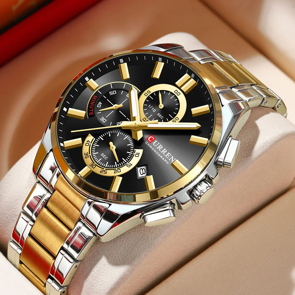 CURREN Men's Luxury Chronograph Watch - Moon Phase Waterproof Stainless Steel