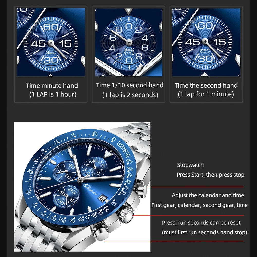 Luxury Sport Chronograph Watch - Waterproof Quartz Timepiece with Multi-Function Display