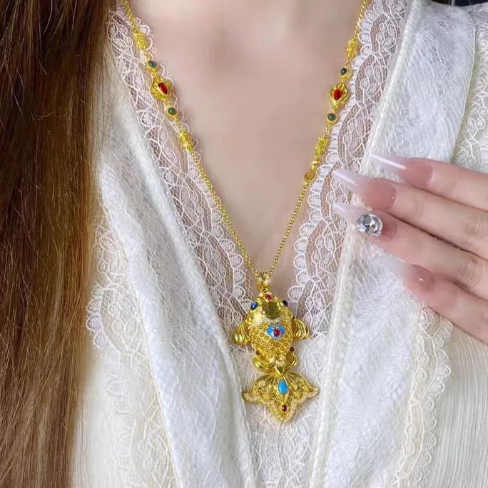 24K Gold Enamel Blue Eye Goldfish Necklace Set