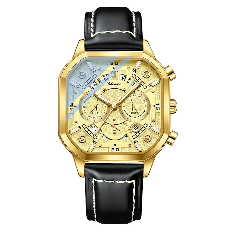 Golden Octagonal Multifunctional Watch - Leather Strap Quartz Timepiece for Men