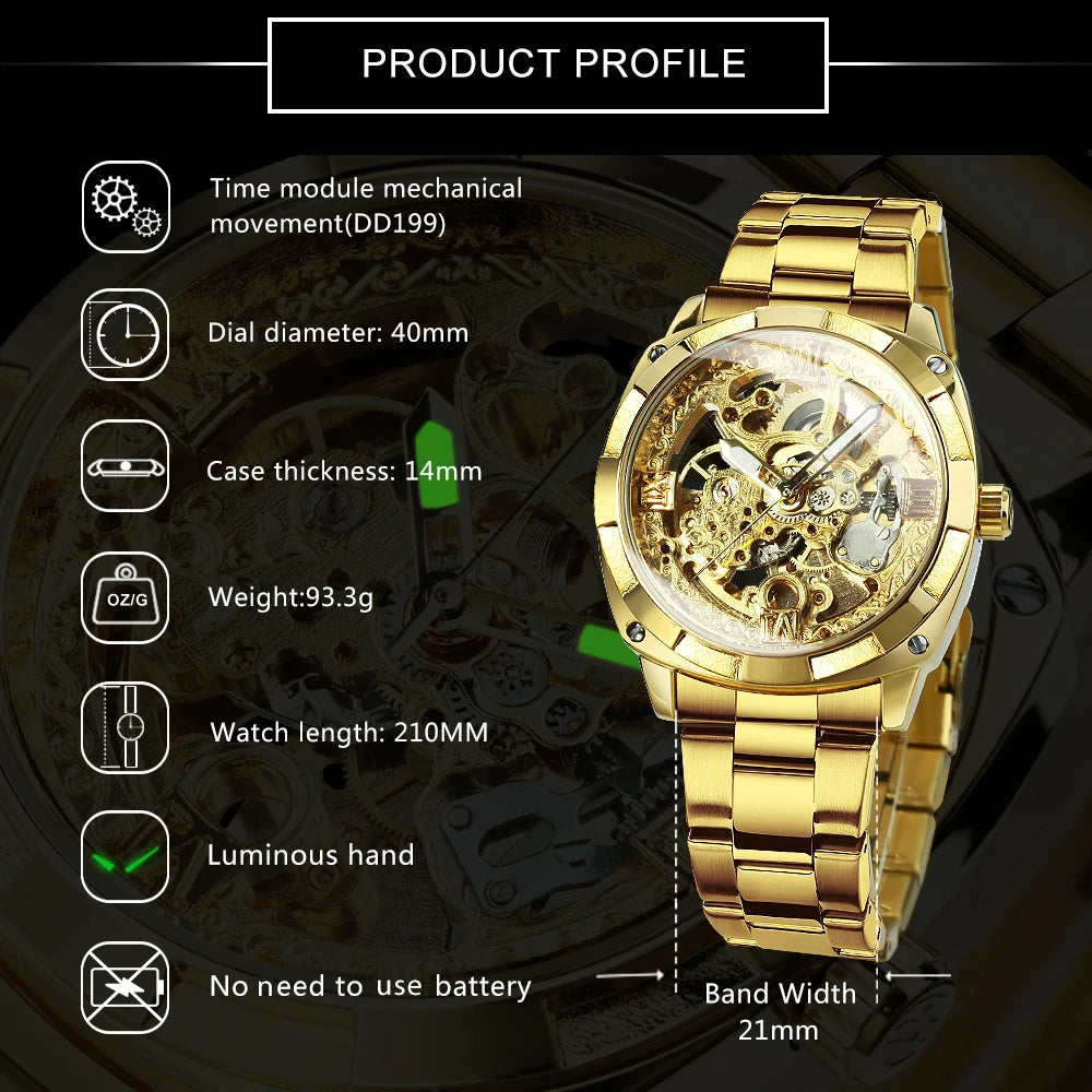 Forsining Square Gold Skeleton Automatic Men Watch Engraved Movement Luminous Hands Mechanical Watches Luxury Stainless Steel