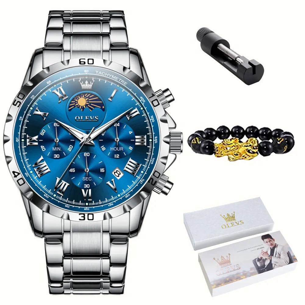 OLEVS 2950 Moon Phase Quartz Watch for Men Multi functional Roman Scale Original Hand Clock Chronograph Business Male Watches